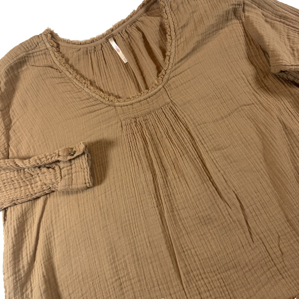 Free People Ruffle Gauze Tunic Top Womens XS Tan Brown Long Sleeve Boho Pleated